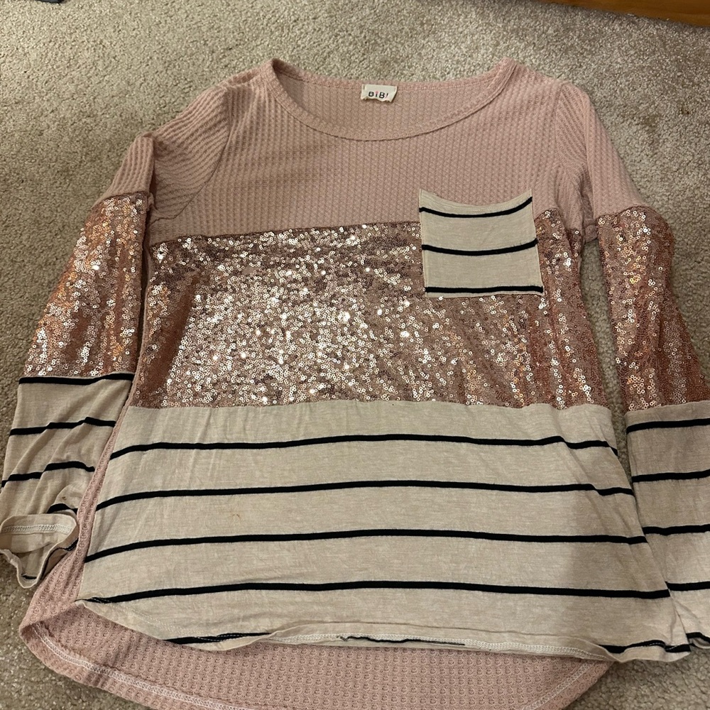 BiBi Pink and Gold Sequin Striped Top
